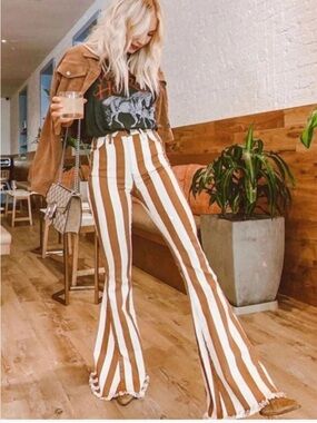 Women's Brown & White Vertical Stripe Flared Jeans